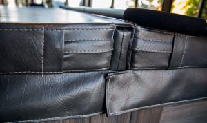 Hot tub cover view with side stitching and linear heat seal and fitted hinge seal